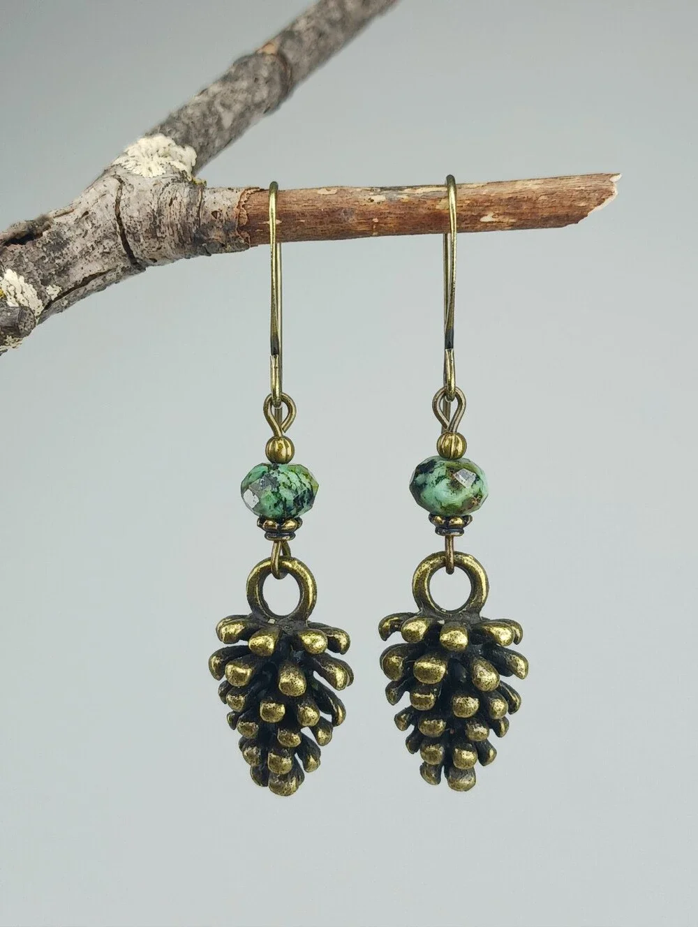 African Turquoise Jasper Pinecone Earrings Rustic Brass Woodland Hand Crafted